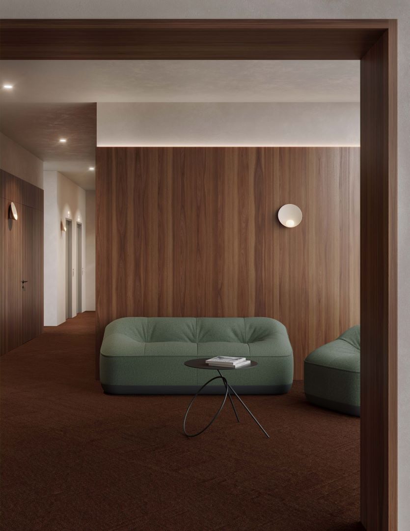 Modern open living room with kitchen and dining area featuring the Ten Table by Conde House.