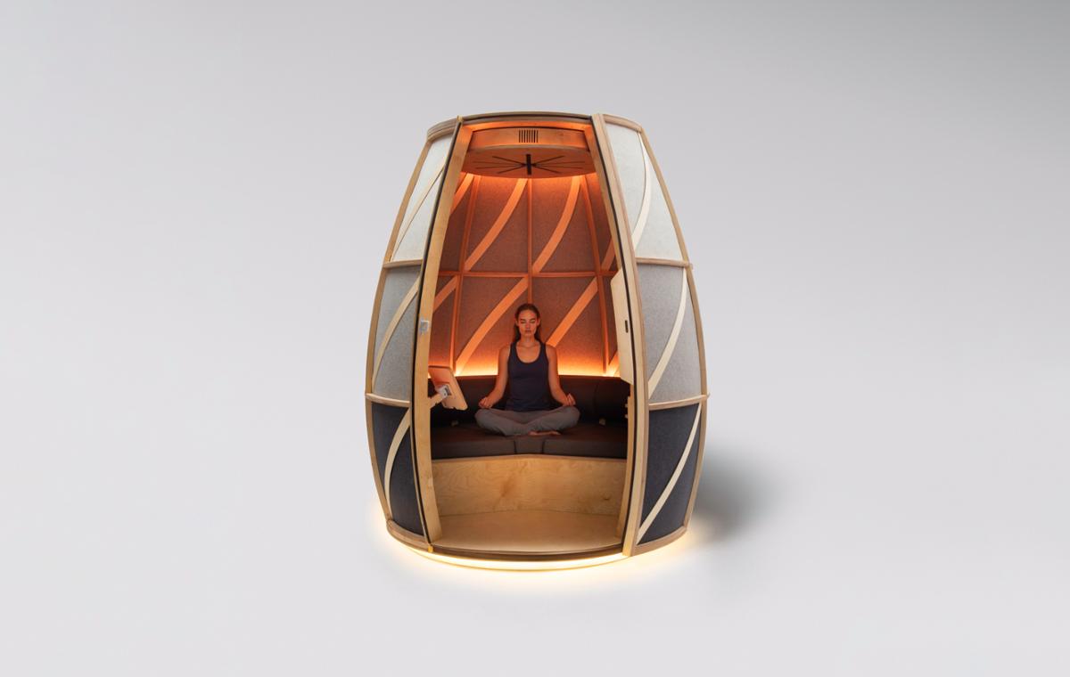 The Iris is a calm-inducing meditation pod designed for both commercial and residential use. Ideal for workplaces, apartments, wellness centres, lounges, retail spaces and homes, Iris creates an optimised, womb-like sanctuary for immersive experiences. Through a seamless blend of sound, guided meditation, dynamic lighting and aromatherapy, The Iris helps calm the mind, restore energy and enhance overall performance.